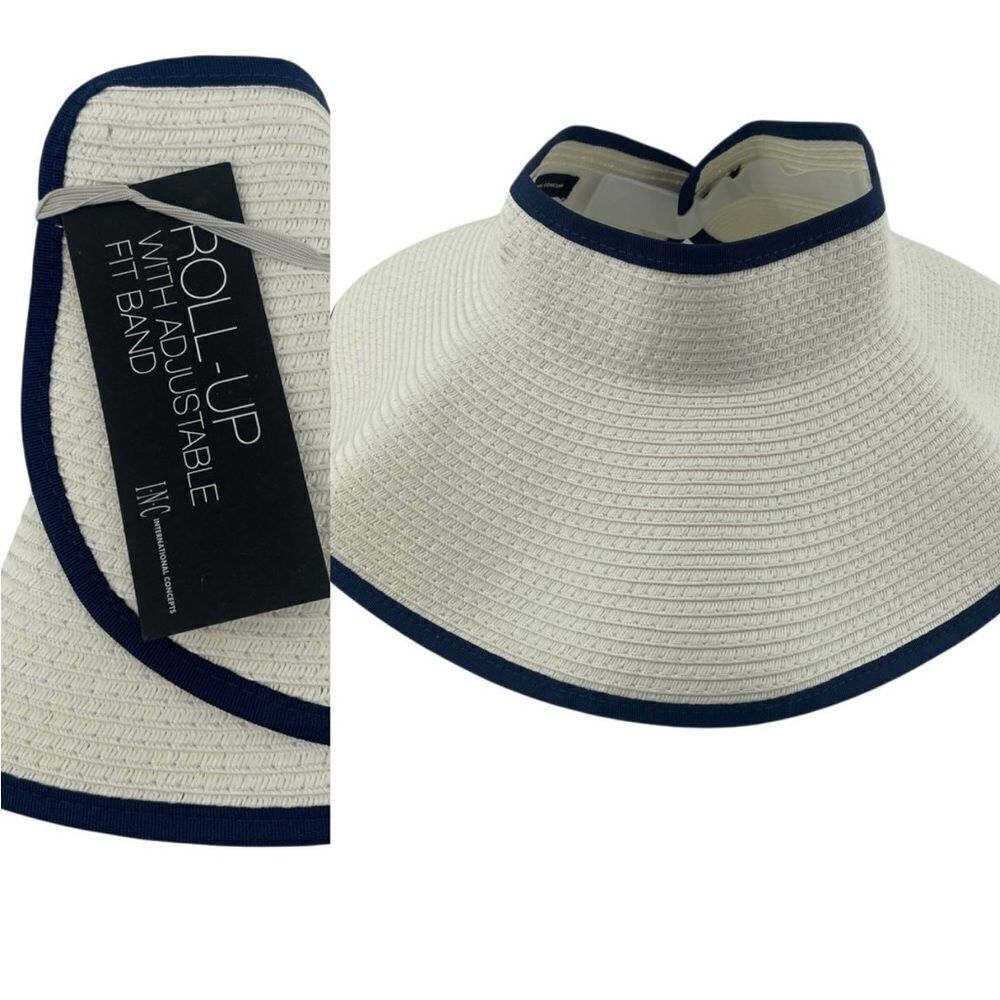 INC International Concepts Wide Brim Roll-Up Straw Visor Hat White Navy OS NWT